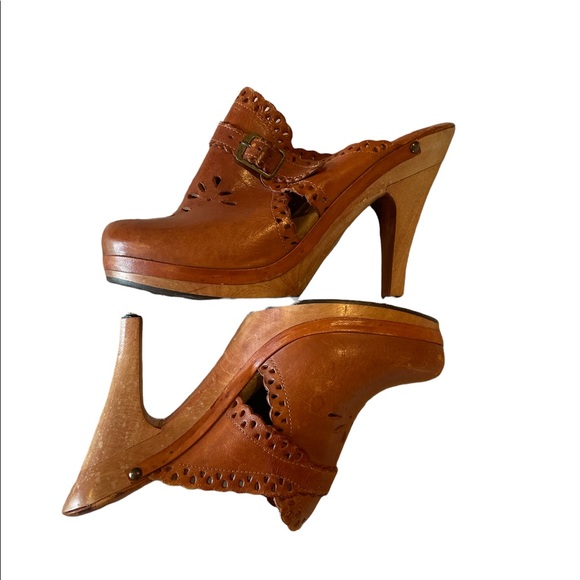 Vintage 70’s brown leather clogs with heels Hippie BoHo - Picture 1 of 9